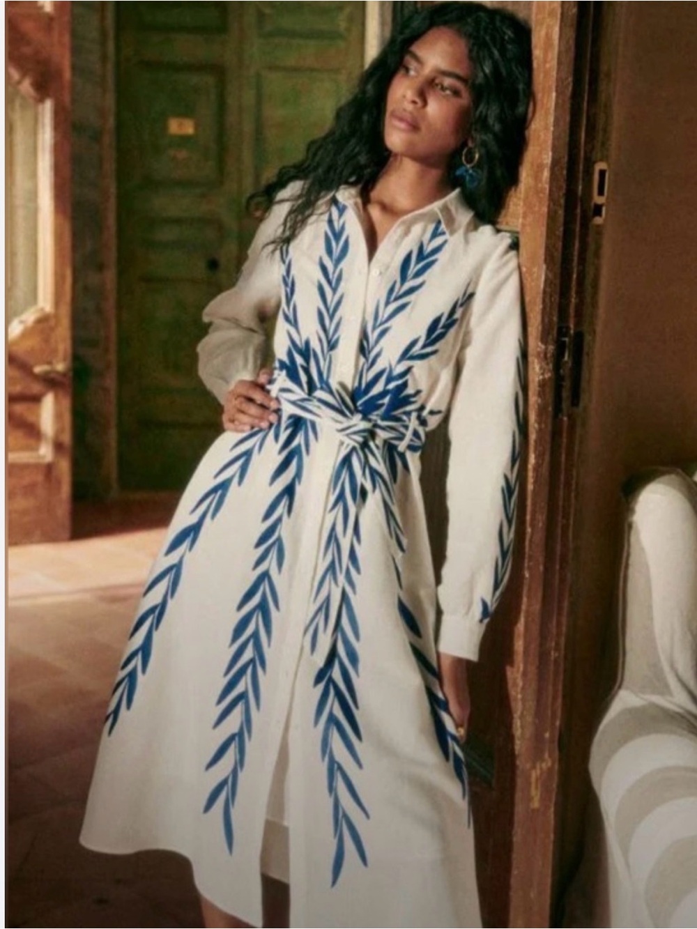 Sezane White Shirt Dress with Blue Leaf Print Size 34